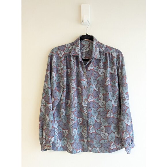 Cecilla Pure Silk leaf print button down blouse - Picture 1 of 6